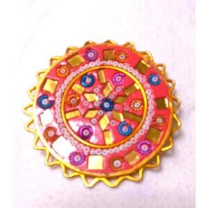 Vintage Large Mirrored Clay Seed Bead Pendant From India Gold Tone Setting